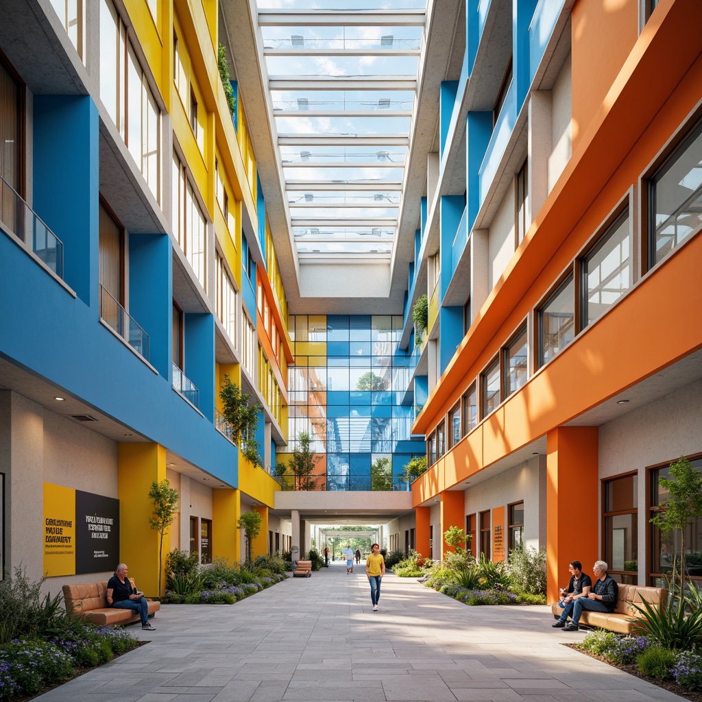 Prompt: Vibrant high school building, fusion architecture style, bold color scheme, bright blue accents, warm yellow tones, deep orange hues, neutral beige background, modern metallic materials, sleek glass surfaces, angular lines, minimalist design, educational signage, inspirational quotes, collaborative learning spaces, flexible seating areas, natural light infusion, soft warm lighting, shallow depth of field, 3/4 composition, panoramic view, realistic textures, ambient occlusion.