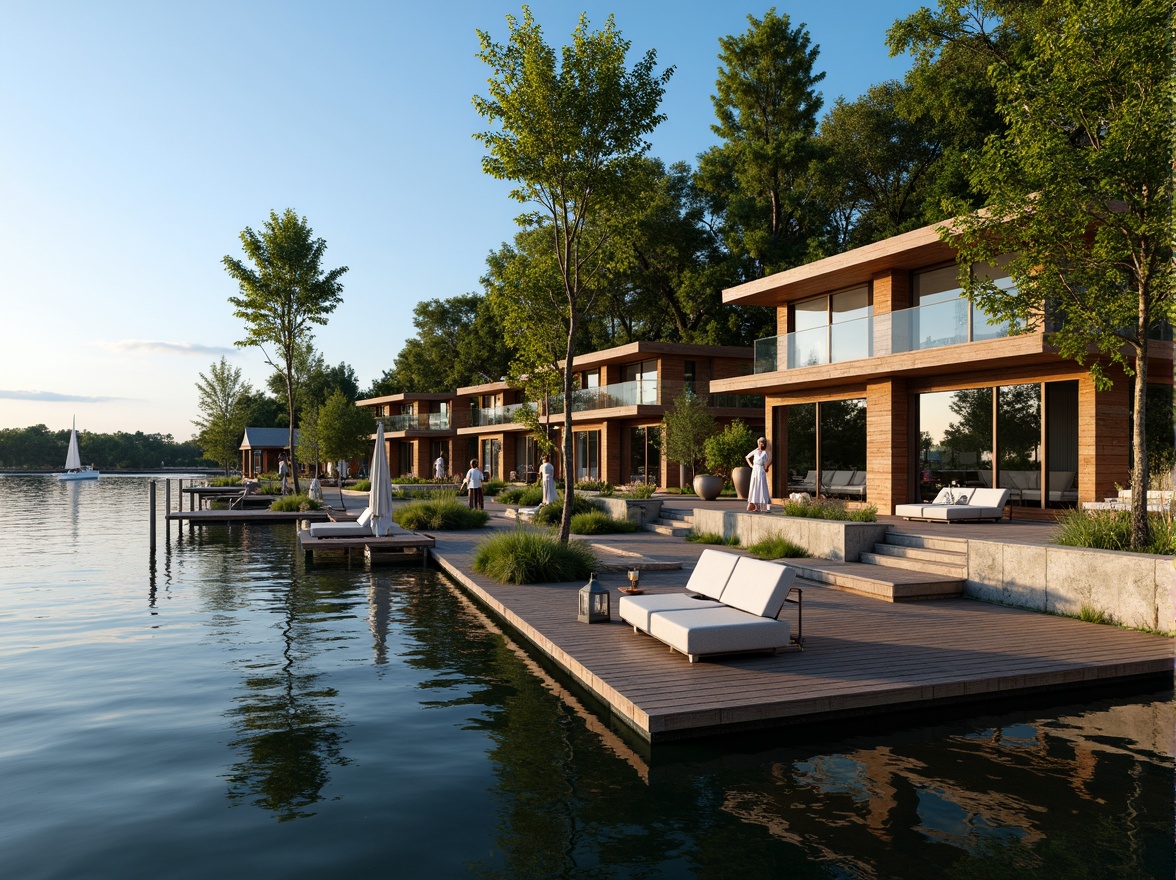 Prompt: Scenic lakefront, serene water reflections, lush greenery, wooden docks, sailboats, modern lakehouse architecture, large windows, sliding glass doors, natural stone walls, rustic wood accents, cozy outdoor seating areas, warm string lighting, shallow depth of field, 3/4 composition, panoramic view, realistic textures, ambient occlusion.