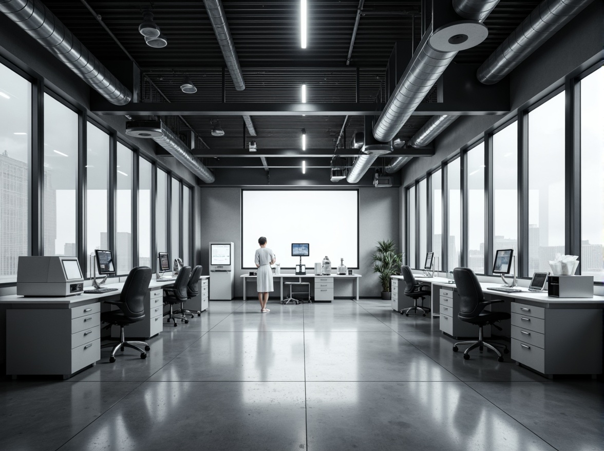 Prompt: Monochromatic laboratory, minimalist aesthetic, sleek metal facade, large glass windows, industrial pipes, exposed ductwork, polished concrete floors, modern LED lighting, futuristic equipment, scientific instruments, sterile workbenches, ergonomic chairs, geometric patterns, subtle textures, soft ambient lighting, shallow depth of field, 1/1 composition, realistic reflections, atmospheric misting.