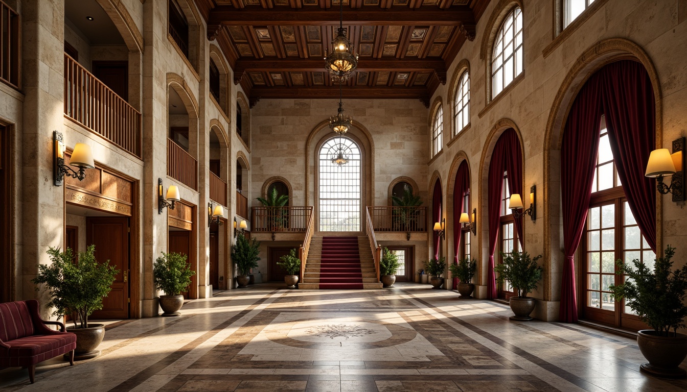 Prompt: Renaissance-style high school building, rustic stone walls, wooden accents, ornate metalwork, grand entrance halls, sweeping staircases, vaulted ceilings, stained glass windows, intricate mosaics, polished marble floors, rich wood paneling, luxurious velvet drapes, warm golden lighting, shallow depth of field, 1/1 composition, symmetrical framing, realistic textures, ambient occlusion.