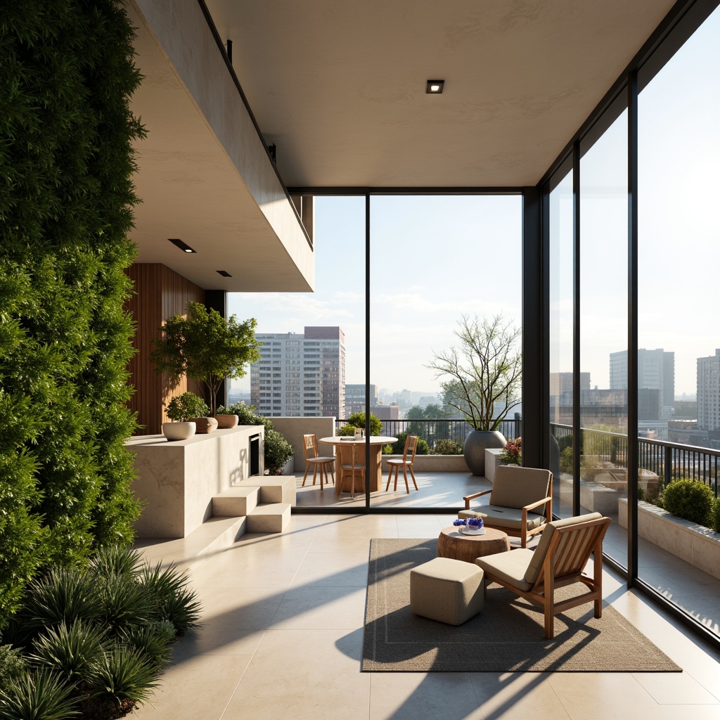 Prompt: Minimalist interior, open floor plan, high ceilings, abundant natural light, floor-to-ceiling windows, sliding glass doors, seamless transitions, indoor-outdoor connections, airy atmosphere, spacious living areas, functional zones, flexible layouts, modular furniture, green walls, lush vegetation, urban gardens, rooftop terraces, panoramic city views, warm neutral color palette, soft diffused lighting, shallow depth of field, 1/1 composition, realistic textures, ambient occlusion.