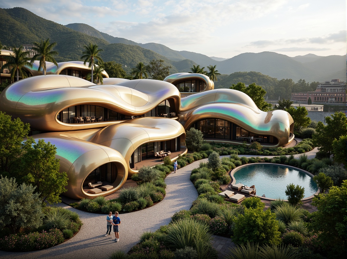 Prompt: Organic blob-shaped buildings, futuristic architecture, iridescent colors, glossy surfaces, undulating curves, natural landscape integration, rolling hills, lush greenery, meandering pathways, serene water features, reflecting pools, raked gravel gardens, moss-covered walls, weathered wood accents, soft warm lighting, shallow depth of field, 3/4 composition, panoramic view, realistic textures, ambient occlusion.