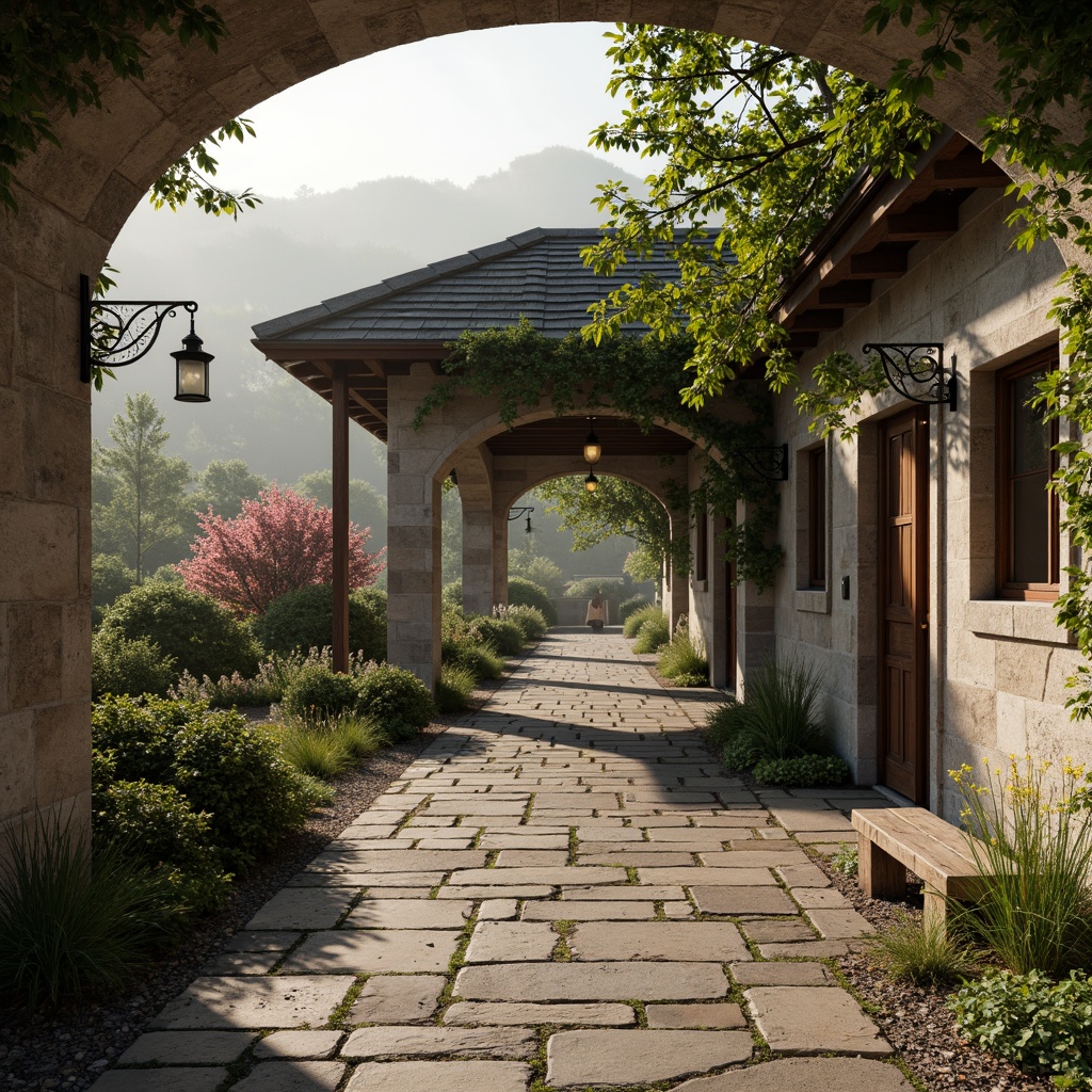 Prompt: Rustic charging station, Romanesque arches, stone walls, green roofs, lush vines, blooming flowers, natural stone pavement, ornate metal lanterns, warm soft lighting, misty morning atmosphere, shallow depth of field, 1/1 composition, symmetrical framing, realistic textures, ambient occlusion, rolling hills, serene countryside, meandering paths, ancient trees, weathered wooden benches, decorative ironwork, intricate carvings.