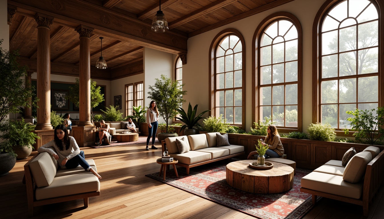 Prompt: Cozy student lounge, warm wooden accents, soft natural lighting, large windows, elegant archways, classic columns, comfortable sofas, rustic coffee tables, vintage rugs, earthy color palette, subtle texture details, shallow depth of field, 1/1 composition, realistic rendering, ambient occlusion, morning sunlight, gentle shadows, peaceful atmosphere.