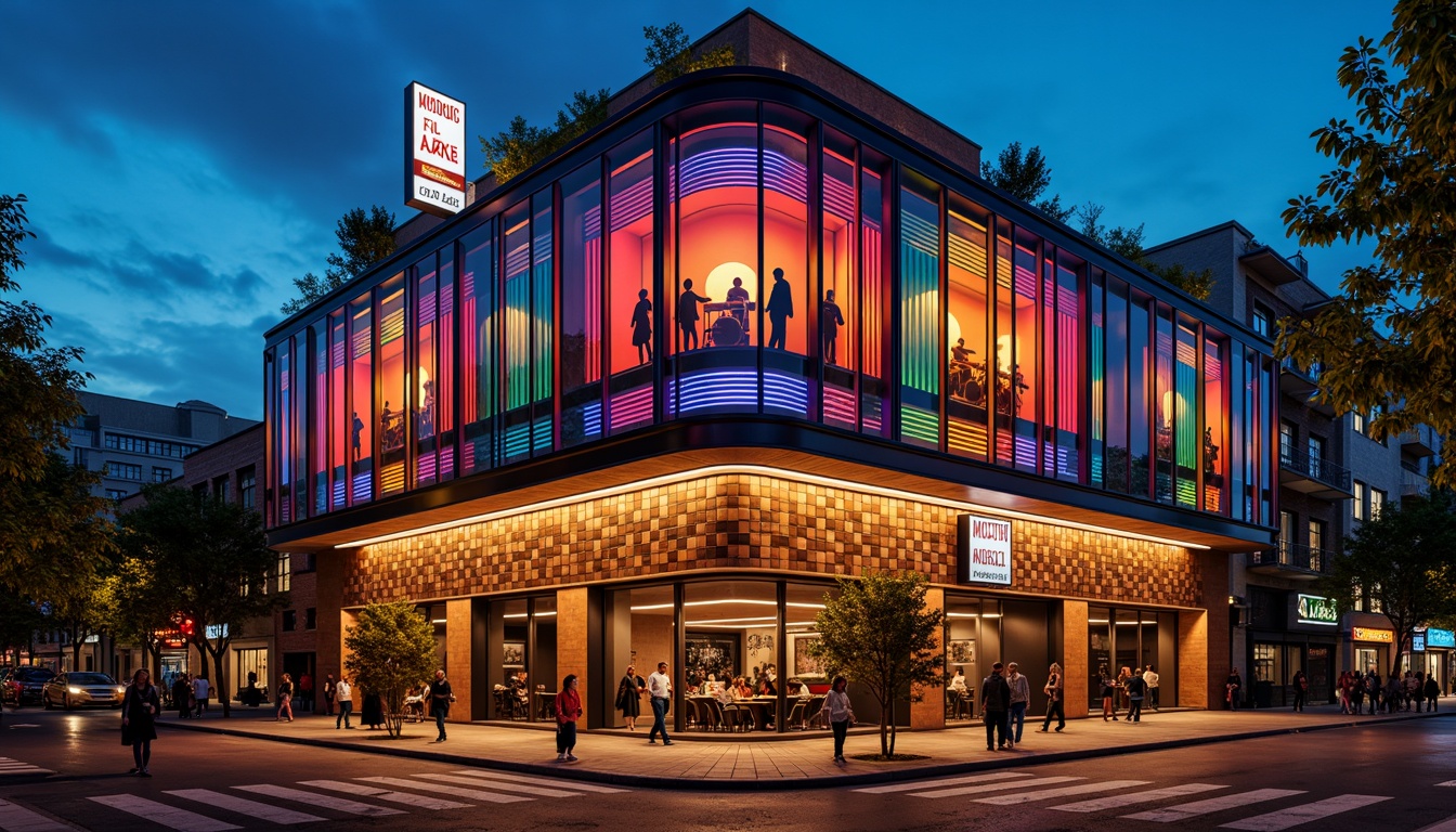 Prompt: Vibrant music venue, regionalism style, eclectic facade, bold color blocking, dynamic LED lighting, geometric patterns, industrial metal accents, reclaimed wood textures, urban cityscape, bustling streets, nightfall atmosphere, warm golden lighting, shallow depth of field, 1/2 composition, cinematic view, realistic reflections, ambient occlusion.