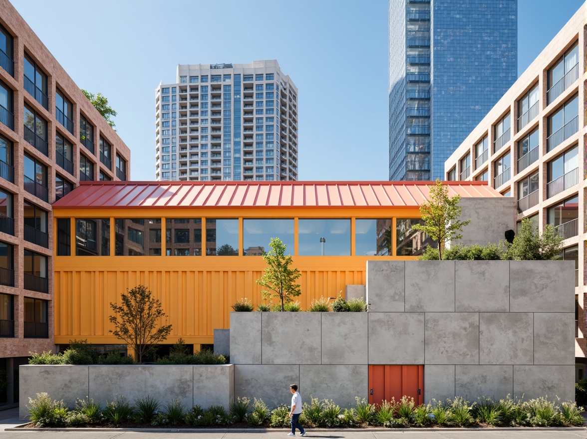 Prompt: Clean lines, rectangular forms, primary colors, industrial materials, steel beams, concrete walls, functional simplicity, minimalist aesthetic, geometric shapes, triangular roofs, circular windows, hexagonal patterns, bold typography, urban landscape, modern cityscape, sunny day, high contrast lighting, deep depth of field, 1/1 composition, symmetrical balance, abstract textures, subtle shading.