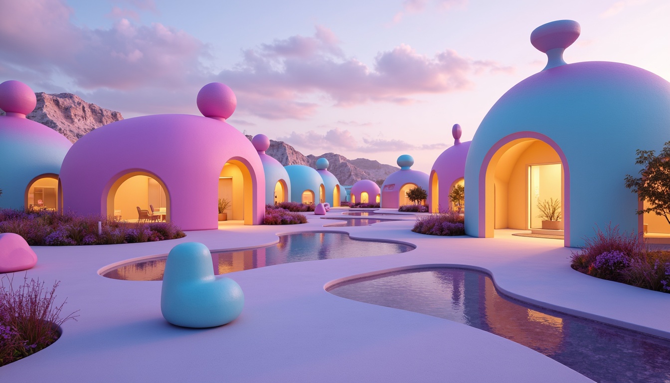 Prompt: Vibrant blob-shaped buildings, iridescent colors, gradient effects, pastel hues, soft warm lighting, whimsical architecture, playful rounded forms, futuristic design, neon-lit accents, glowing LED lights, translucent materials, ethereal ambiance, dreamy atmosphere, surreal landscapes, misty foggy surroundings, shallow depth of field, 1/1 composition, symmetrical balance, bold color blocking, analogous color schemes, triadic color harmony, monochromatic gradients.