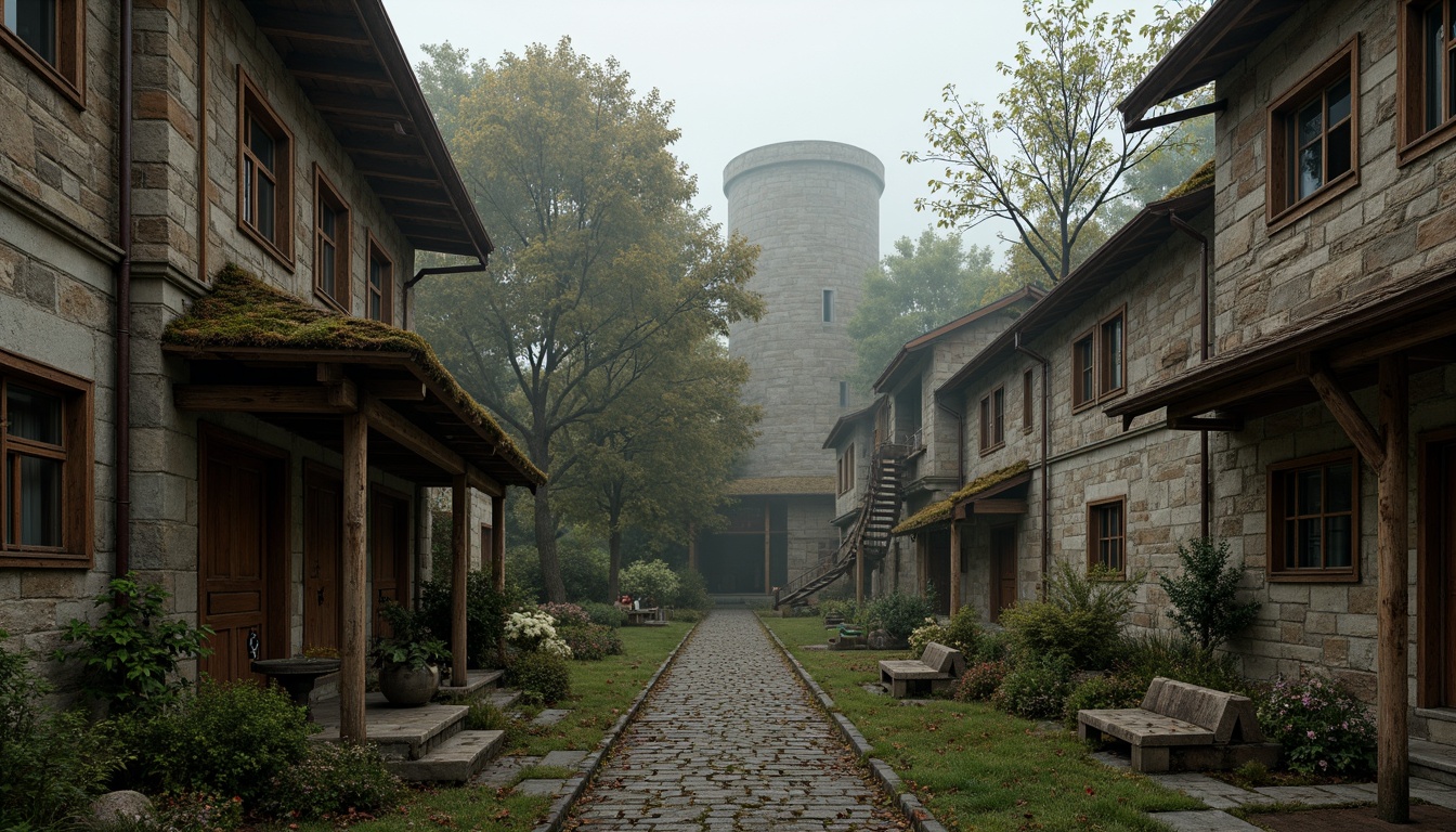 Prompt: Weathered stone walls, rusty metal accents, wooden beam structures, worn brick textures, moss-covered roofs, ivy-clad facades, ancient tree surroundings, misty morning atmosphere, soft warm lighting, shallow depth of field, 3/4 composition, panoramic view, realistic textures, ambient occlusion, medieval-inspired architecture, fortified towers, grandeur scale, mysterious ambiance, eerie silence.