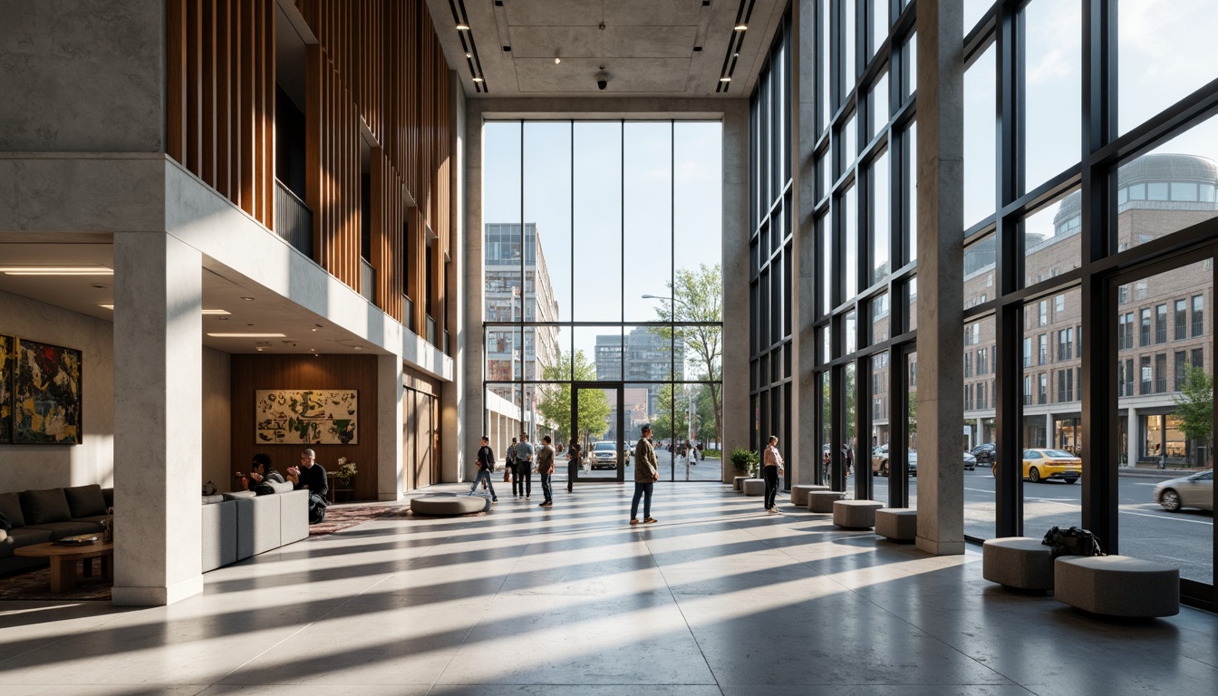 Prompt: Modernist building facade, clean lines, minimalist aesthetic, functional simplicity, open floor plans, natural light pouring in, sleek metal accents, polished concrete floors, industrial chic atmosphere, urban cityscape background, busy streets, contemporary art installations, geometric patterns, bold color blocking, dynamic spatial relationships, 1/1 composition, high contrast lighting, dramatic shadows, realistic material textures, ambient occlusion.