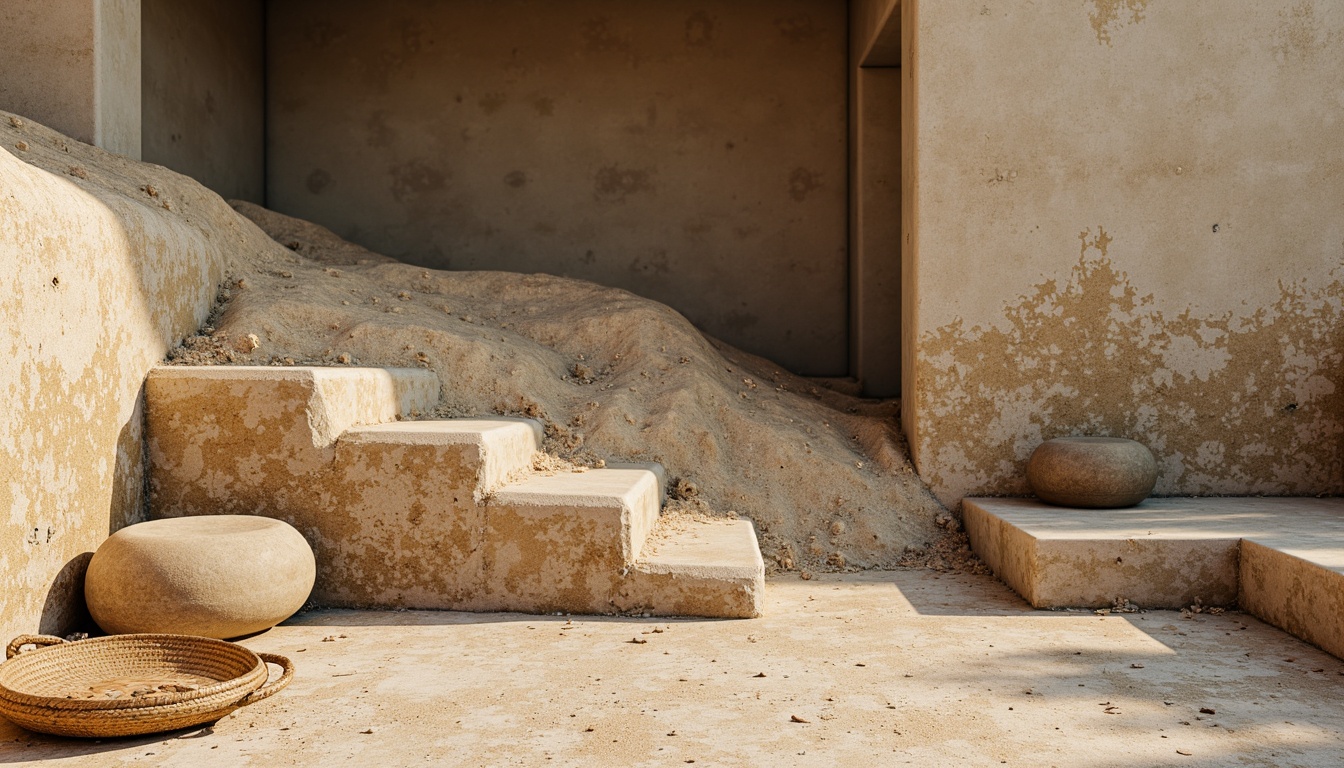 Prompt: Weathered sandy dunes, rough stone walls, rustic wooden planks, worn concrete floors, peeling paint textures, distressed metal surfaces, faded fabric patterns, natural earthy tones, warm beige colors, soft golden lighting, shallow depth of field, 1/1 composition, realistic normal maps, ambient occlusion.