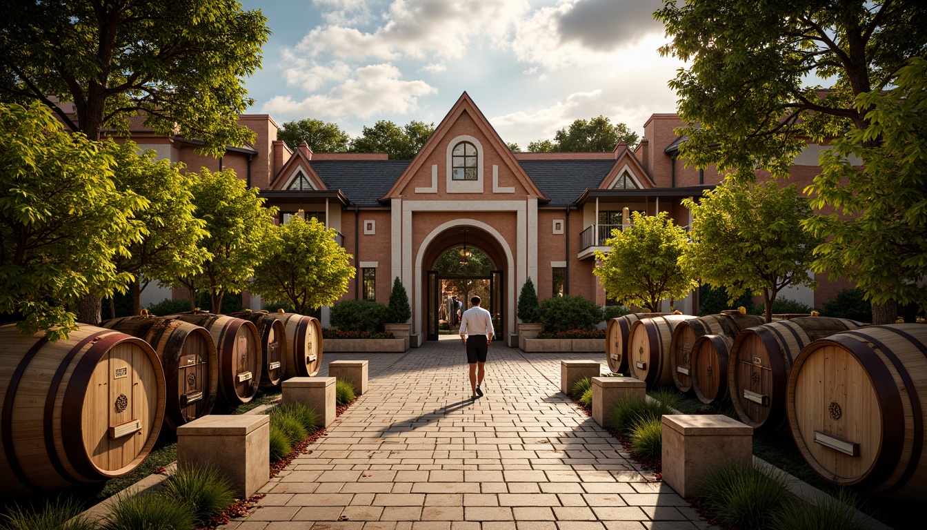 Prompt: Rich vineyard scenery, lush green grapevines, rustic wooden barrels, ornate metal gates, elegant stone buildings, Art Deco patterns, geometric shapes, luxurious gold accents, deep burgundy reds, earthy terracotta tones, soft creamy whites, warm golden lighting, dramatic shadows, high contrast, 1/2 composition, symmetrical framing, realistic textures, ambient occlusion.