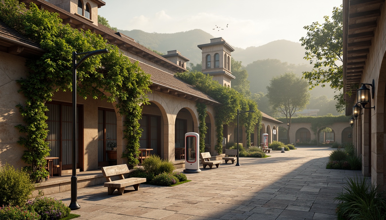 Prompt: Rustic charging station, Romanesque arches, stone walls, green roofs, lush vines, blooming flowers, natural stone pavement, ornate metal lanterns, warm soft lighting, misty morning atmosphere, shallow depth of field, 1/1 composition, symmetrical framing, realistic textures, ambient occlusion, rolling hills, serene countryside, meandering paths, ancient trees, weathered wooden benches, decorative ironwork, intricate carvings.