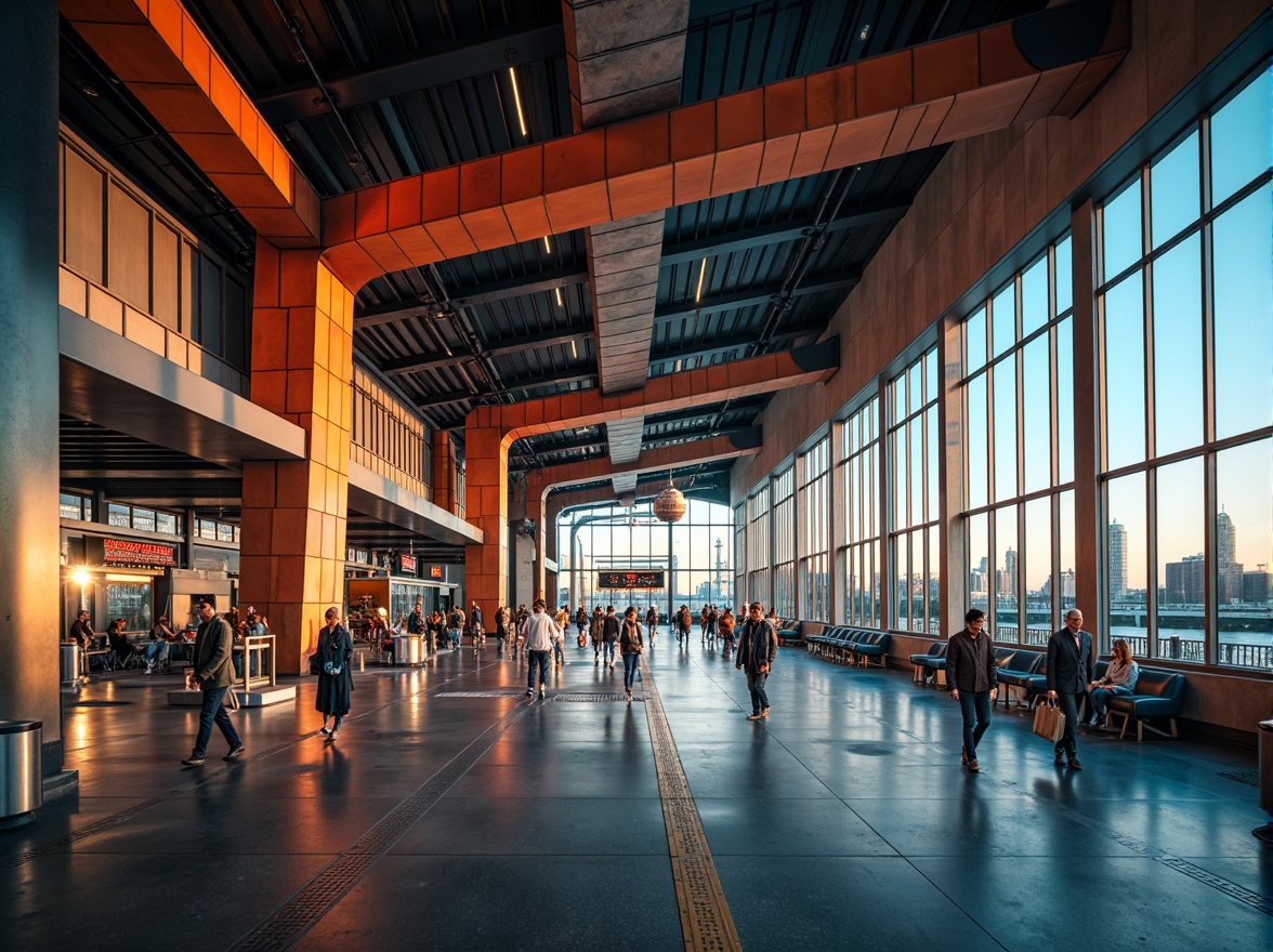 Prompt: Vibrant airport terminal, futuristic architecture, metallic surfaces, reflective glass facades, angular lines, neon lights, dynamic shapes, industrial materials, distressed concrete textures, exposed ductwork, urban cityscape, bustling atmosphere, warm golden lighting, shallow depth of field, 3/4 composition, panoramic view, realistic reflections, ambient occlusion.