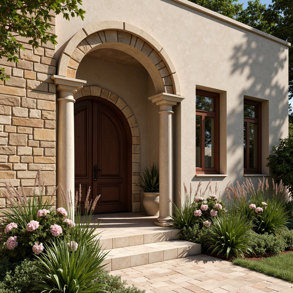 Prompt: Rustic exterior facade, weathered stone walls, earthy tone masonry, textured brick patterns, natural stone cladding, rough-hewn granite blocks, warm beige stucco, decorative arches, ornate columns, Mediterranean-inspired architecture, lush greenery, blooming flowers, sunny day, soft warm lighting, shallow depth of field, 3/4 composition, panoramic view, realistic textures, ambient occlusion.