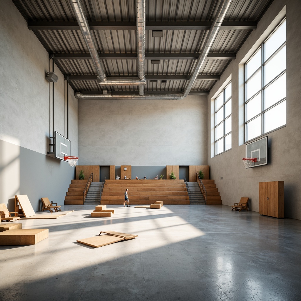 Prompt: Minimalist gymnasium interior, open spaces, natural light, industrial materials, exposed ductwork, polished concrete floors, steel beams, geometric shapes, functional furniture, athletic equipment, basketball hoops, sports mats, wooden accents, modernist architecture, clean lines, rectangular forms, abundant daylight, soft shadows, 1/1 composition, realistic textures, ambient occlusion.