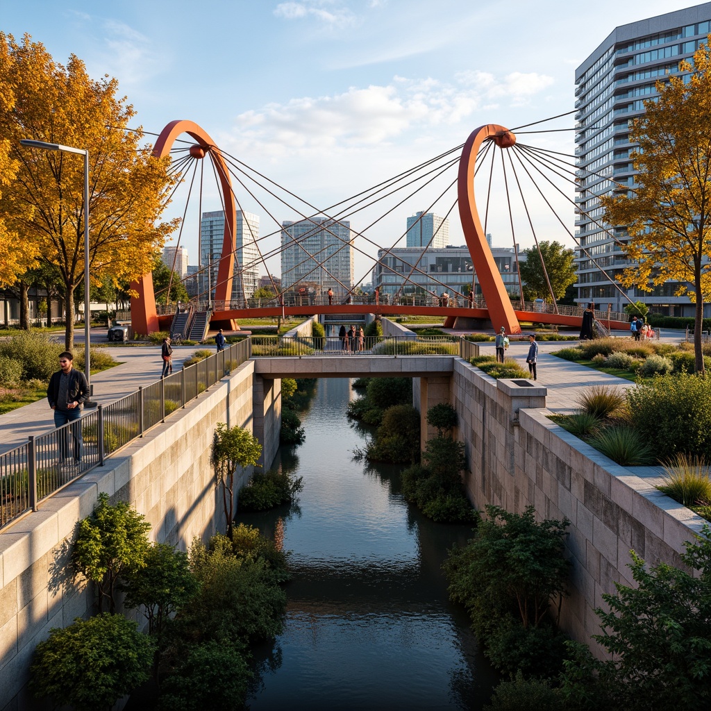 Prompt: Vibrant urban landscape, eclectic bridge design, steel arches, suspension cables, modern architecture, asymmetrical shapes, bold color schemes, dynamic lighting effects, pedestrian walkways, cycling paths, green roofs, integrated gardens, natural stone walls, water features, scenic overlooks, panoramic views, shallow depth of field, 1/2 composition, warm golden hour lighting, realistic textures, ambient occlusion.