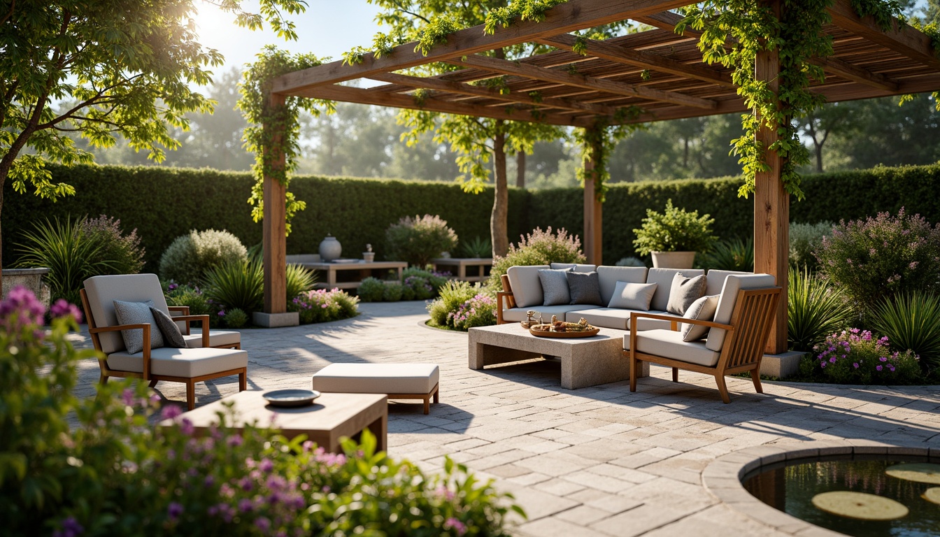 Prompt: Cozy patio, lush greenery, vibrant flowers, comfortable outdoor furniture, soft cushions, warm lighting, natural stone flooring, wooden accents, modern pergola, climbing plants, serene ambiance, shallow depth of field, 1/1 composition, realistic textures, ambient occlusion, sunny day, gentle breeze, refreshing water features, soothing sound effects.