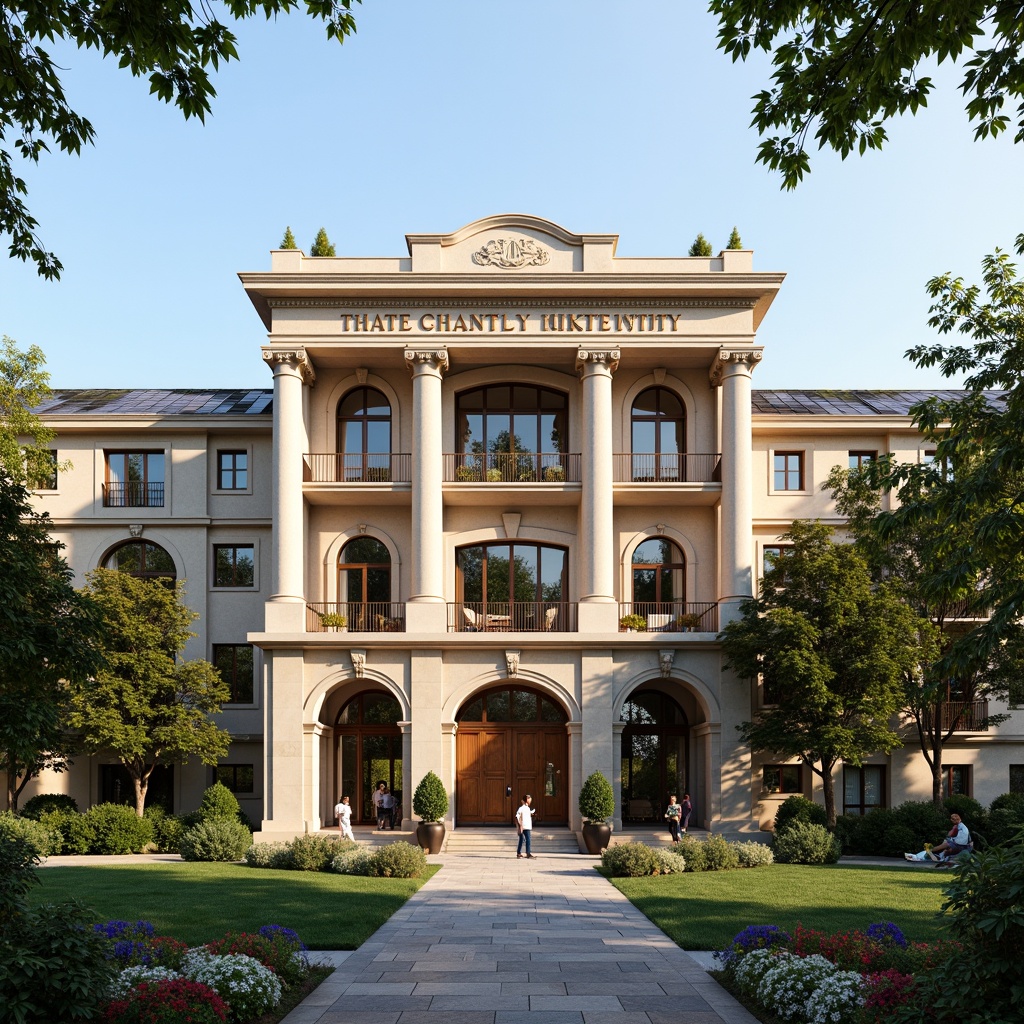 Prompt: Grand university building, neoclassical facade, ornate columns, carved stone details, symmetrical architecture, rusticated base, arched windows, balconies with intricate metalwork, grand entrance with wooden doors, polished bronze hardware, lush greenery, vibrant flowers, natural stone walkways, modern innovative materials, energy-efficient systems, solar panels, green roofs, eco-friendly materials, soft warm lighting, shallow depth of field, 3/4 composition, panoramic view, realistic textures, ambient occlusion.