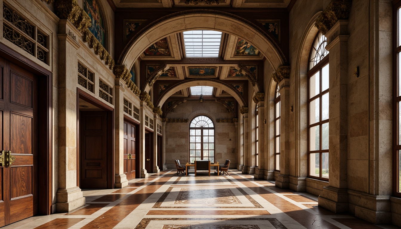 Prompt: Weathered stone walls, ornate carvings, rustic wooden doors, grandiose archways, vaulted ceilings, stained glass windows, intricate frescoes, ornamental columns, polished marble floors, velvet drapes, golden accents, subtle lighting, warm color palette, soft shadows, 1/1 composition, symmetrical framing, realistic textures, ambient occlusion.