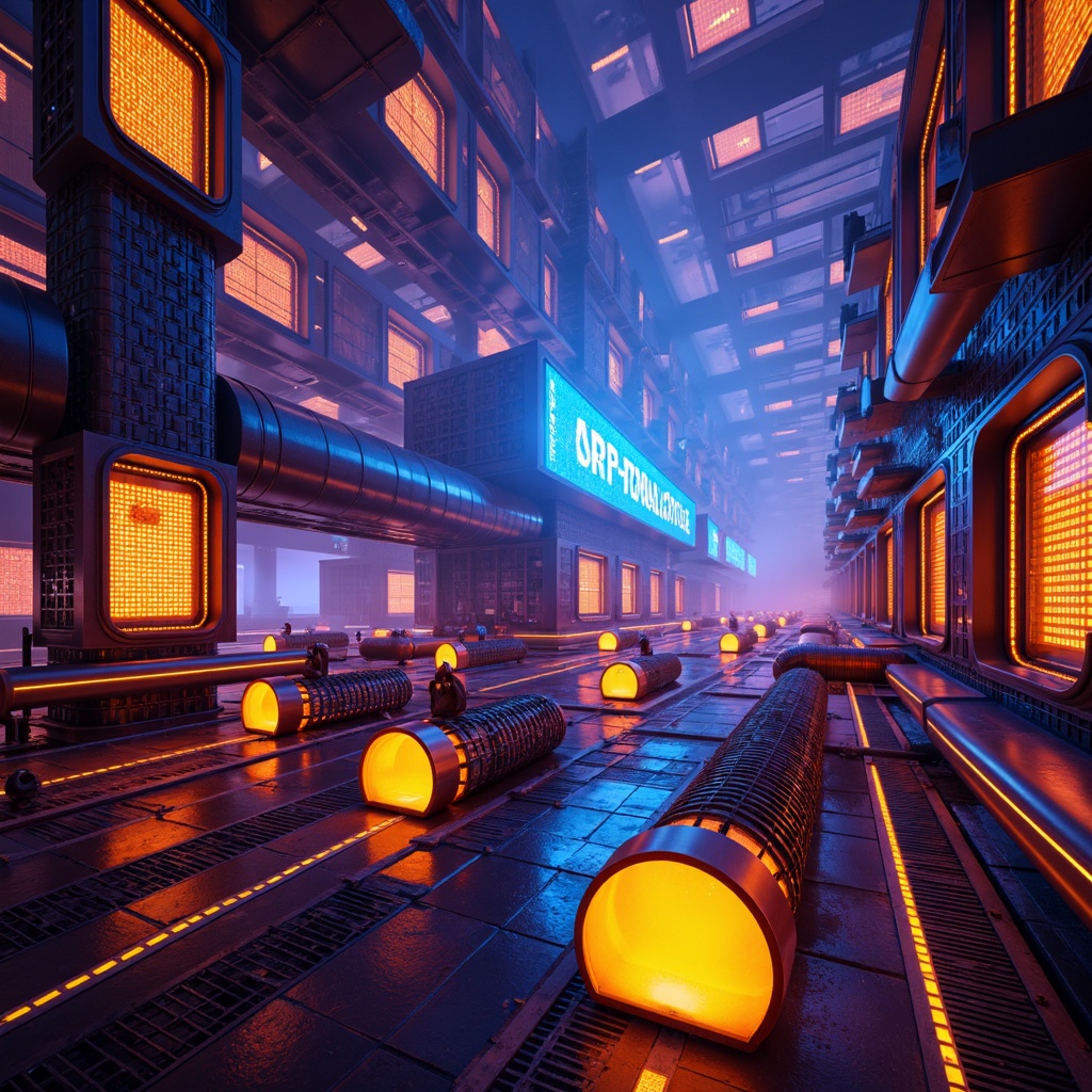 Prompt: Vibrant energy plant, neon-lit pipes, glowing orbs, metallic structures, industrial machinery, futuristic architecture, bold color blocking, high-contrast lighting, electric blue accents, fiery orange hues, radiant yellow highlights, deep purple shadows, abstract geometric patterns, 3D modeling, low-poly textures, atmospheric fog, dramatic camera angles, cinematic composition, dynamic simulations.