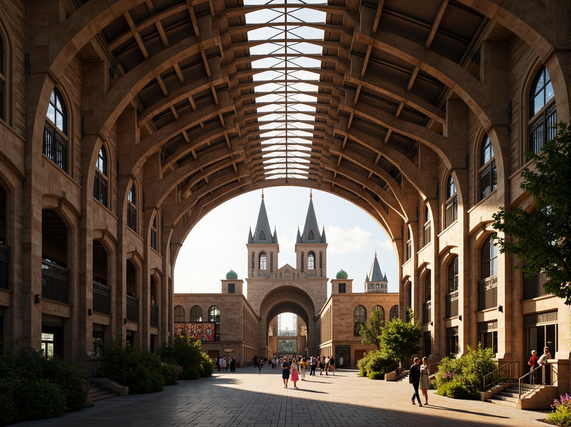 Prompt: Grandiose stadium, ribbed vaulted ceiling, pointed arches, flying buttresses, intricate stone carvings, stained glass windows, majestic entrance gates, ornate ironwork, vibrant pennants, lush greenery, natural stone fa\u00e7ade, towering spires, dramatic lighting, high-contrast shadows, 1/2 composition, symmetrical framing, warm golden hour, realistic textures, ambient occlusion.