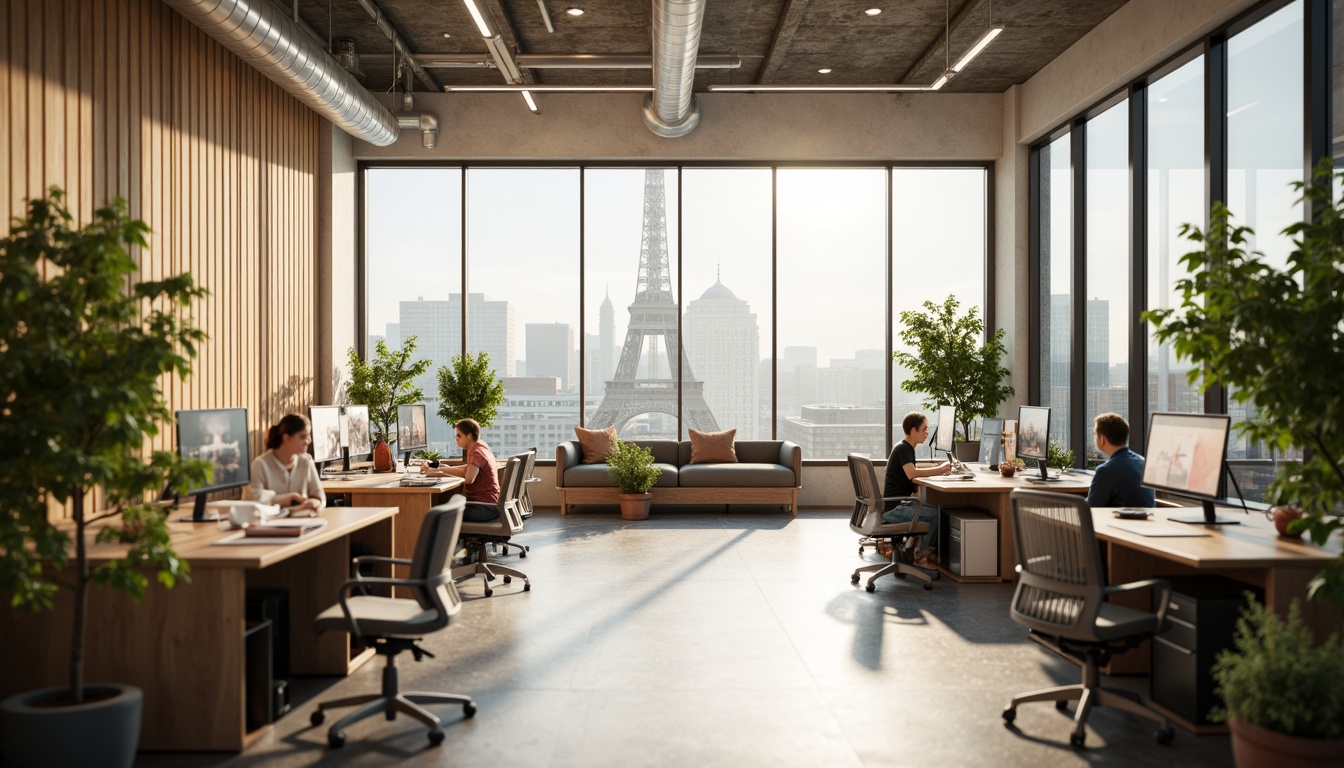 Prompt: Bright office interior, large windows, natural light pouring in, minimal artificial lighting, comfortable workspace, ergonomic furniture, wooden desks, green plants, calm atmosphere, soft warm glow, shallow depth of field, 1/1 composition, realistic textures, ambient occlusion, modern minimalist design, sleek metal accents, earthy color palette, subtle patterns, organic shapes.