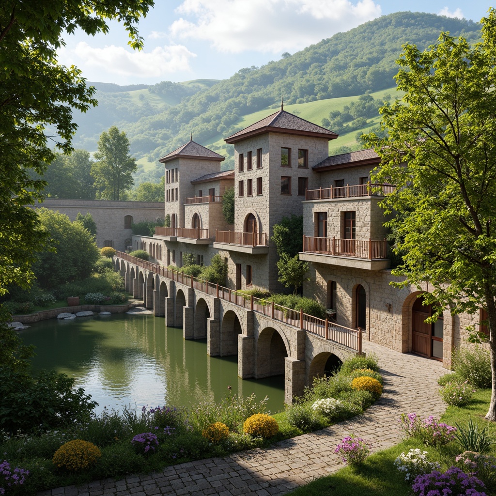 Prompt: Rolling hills, lush green meadows, serene lakeside, ancient stone bridges, rustic wooden fences, weathered brick pathways, Romanesque style buildings, ornate archways, grandiose entrance gates, intricate stone carvings, vibrant blooming flowers, sunny afternoon, soft warm lighting, shallow depth of field, 3/4 composition, panoramic view, realistic textures, ambient occlusion.