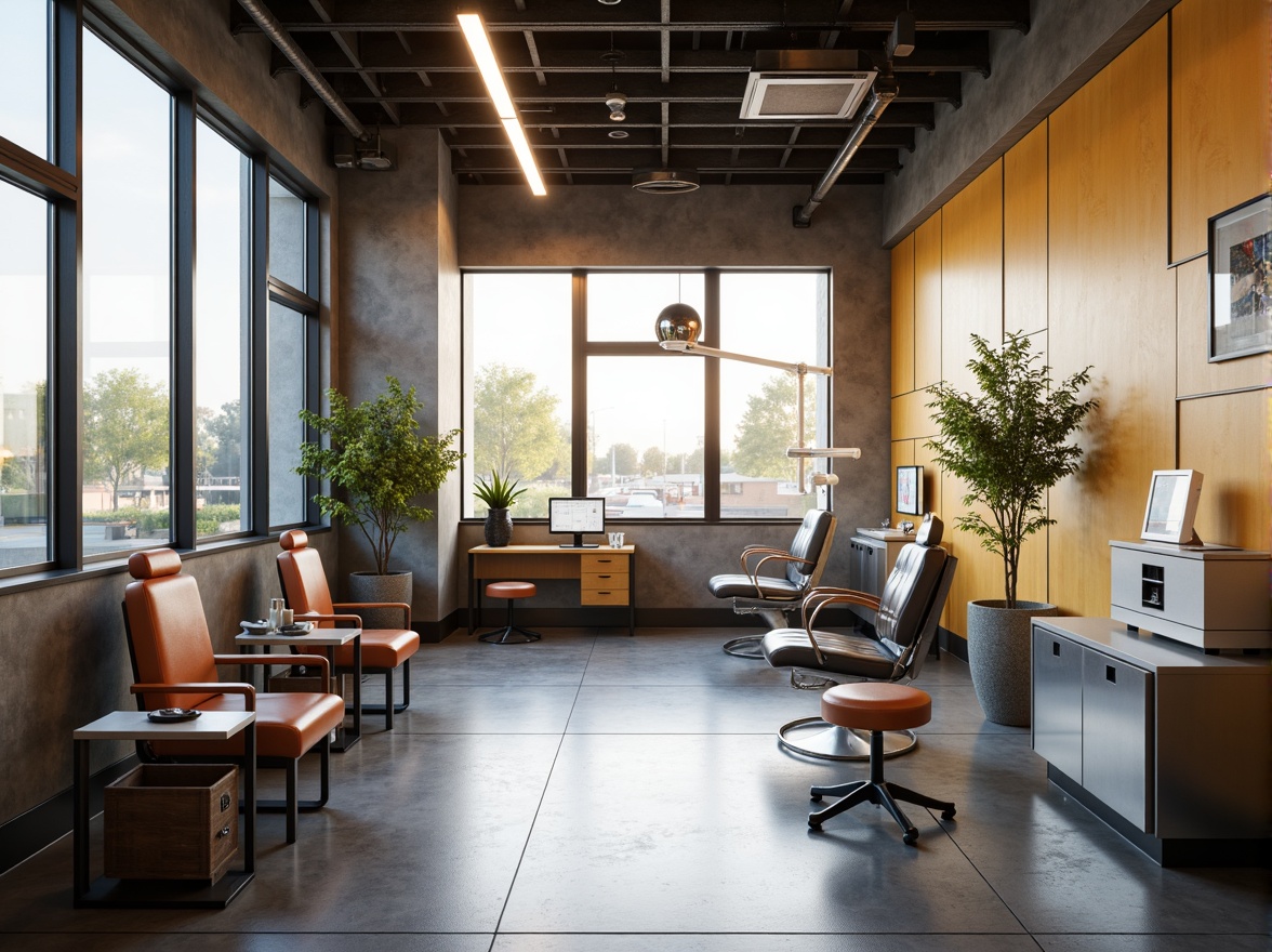 Prompt: Minimalist dental clinic interior, industrial chic aesthetic, polished concrete floors, sleek metal furniture, bold color accents, geometric patterns, natural light pouring in, large windows, minimalist decor, functional layout, ergonomic chairs, stainless steel equipment, modern dental technology, sterile atmosphere, calming ambiance, soft warm lighting, shallow depth of field, 3/4 composition, realistic textures, ambient occlusion.