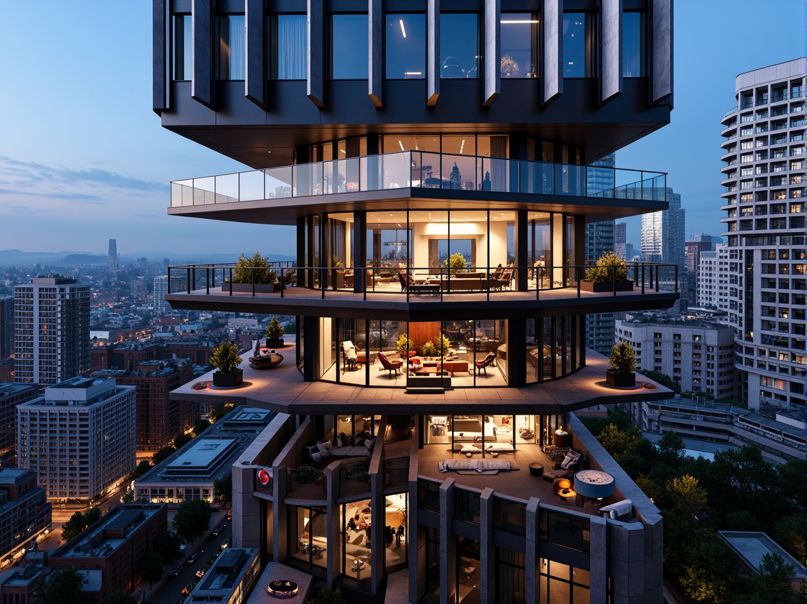 Prompt: Luxurious penthouse, futuristic facade design, sleek metallic materials, angular lines, minimalist aesthetic, floor-to-ceiling windows, panoramic city views, rooftop gardens, modern skyscraper architecture, neon lights, vibrant color schemes, reflective glass surfaces, cantilevered balconies, urban landscape, bustling metropolis, dramatic nighttime lighting, shallow depth of field, 1/1 composition, realistic textures, ambient occlusion.