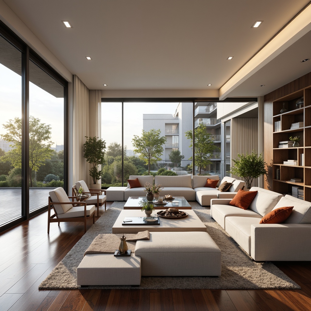 Prompt: Modern living room, sleek furniture, minimalist decor, functional layout, ample natural light, floor-to-ceiling windows, sliding glass doors, polished hardwood floors, comfortable seating areas, stylish coffee tables, decorative vases, greenery accents, soft warm lighting, 1/1 composition, shallow depth of field, realistic textures, ambient occlusion.