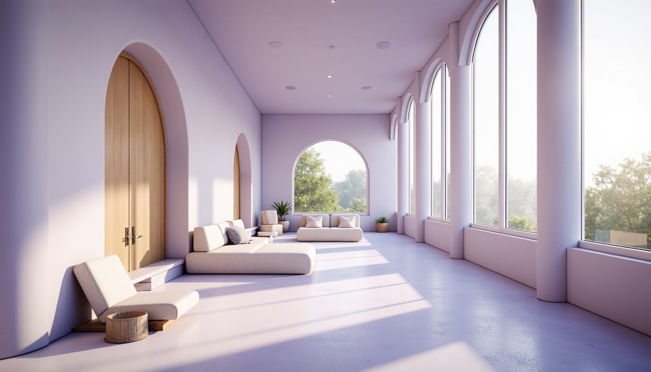 Prompt: Soft lavender blue hues, calming atmosphere, serene architectural design, gentle curves, rounded edges, soothing color scheme, pastel shades, creamy whites, warm beige accents, natural stone textures, wooden elements, minimalist decor, cozy reading nooks, floor-to-ceiling windows, abundant natural light, softbox lighting, shallow depth of field, 1/1 composition, intimate scale, peaceful ambiance, subtle gradient effects.