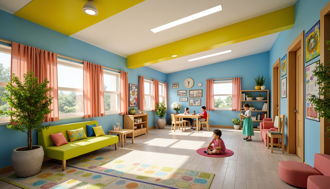 Prompt: Vibrant kindergarten social housing, playful color palette, bright yellow walls, sky blue accents, lime green furniture, soft pink curtains, natural wood textures, cozy reading nooks, educational murals, interactive play areas, sensory stimulation zones, collaborative learning spaces, diverse cultural decorations, inclusive community atmosphere, abundant natural light, warm sunny days, shallow depth of field, 1/1 composition, realistic textures, ambient occlusion.