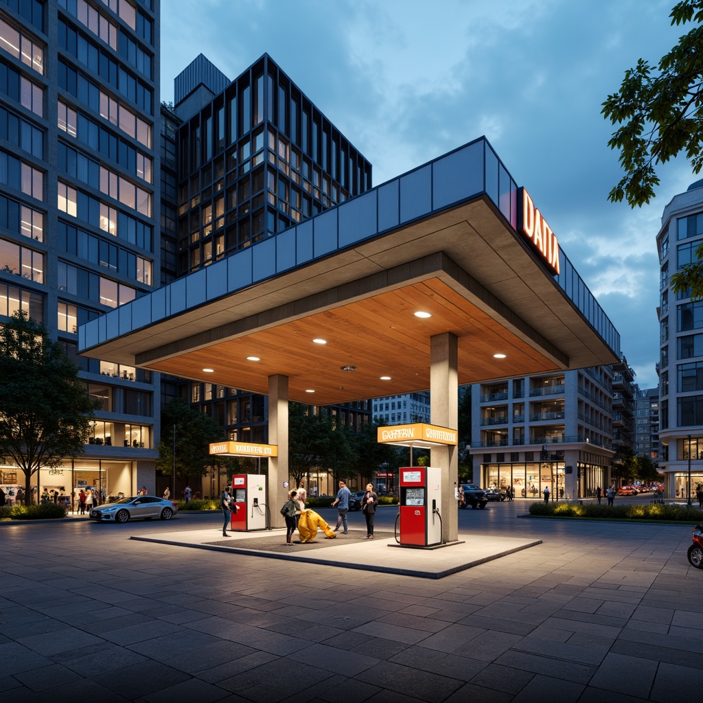 Prompt: Functional gas station, geometric shapes, industrial materials, steel beams, concrete pillars, minimalist aesthetic, bold typography, primary color scheme, functional lighting, urban landscape, busy streets, modern architecture, angular lines, rectangular forms, cantilevered canopies, futuristic vibe, high-contrast shadows, dramatic lighting effects, 1/1 composition, symmetrical framing, realistic textures, ambient occlusion.