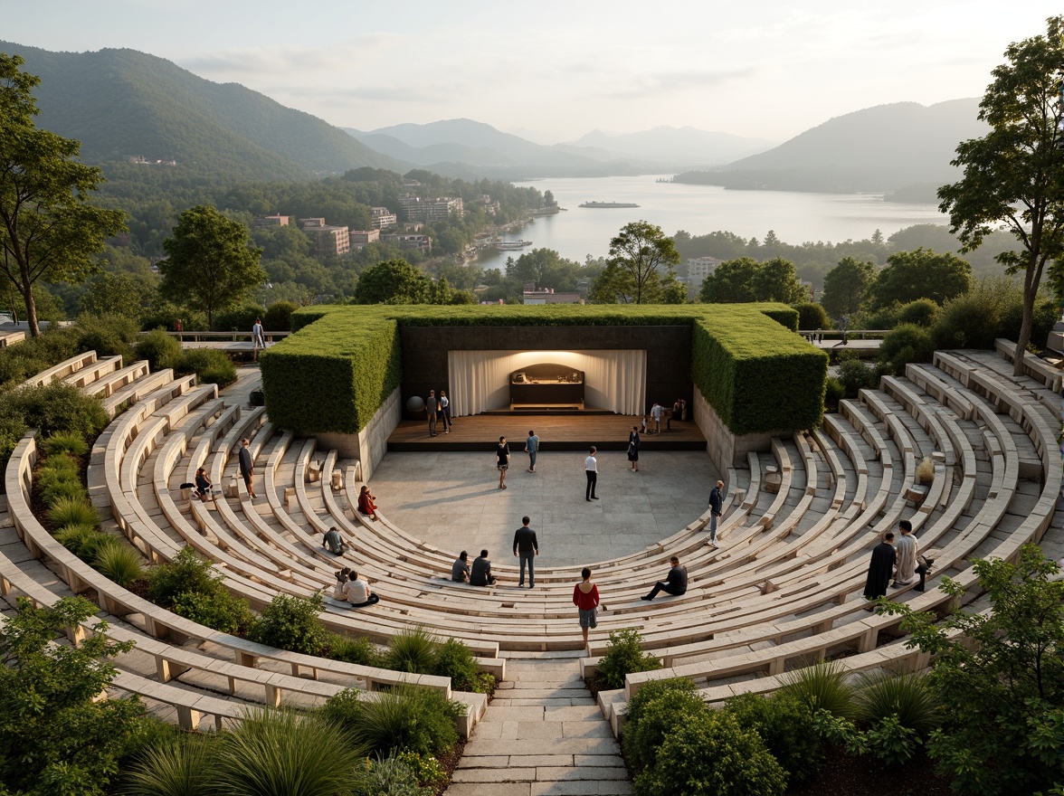 Prompt: Amphitheater sustainable architecture, lush green roofs, native plant species, natural stone seating, wooden benches, curved walkways, rainwater harvesting systems, solar-powered lighting, eco-friendly materials, minimalist design, open-air performance space, tiered seating areas, panoramic views, surrounding mountainous landscape, misty morning atmosphere, soft warm lighting, shallow depth of field, 3/4 composition, realistic textures, ambient occlusion.