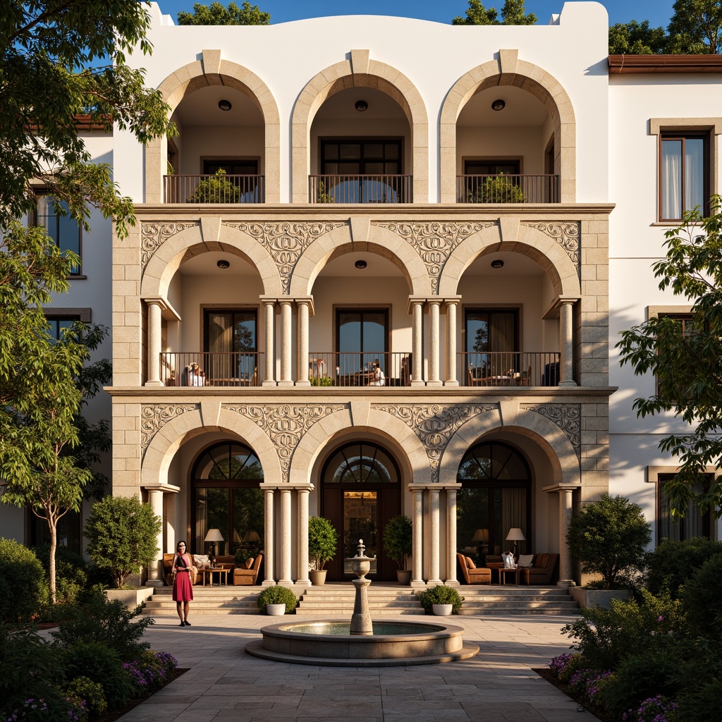 Prompt: Grand Renaissance hotel facade, ornate stone carvings, intricately designed archways, majestic columns, rusticated quoins, symmetrical composition, warm golden lighting, soft afternoon sun, subtle shadows, richly textured stonework, elegant balconies, ornamental ironwork, refined classical details, luxurious accommodations, opulent interior design, lavish furnishings, sophisticated ambiance, serene courtyard, tranquil fountain, lush greenery, vibrant flowers.