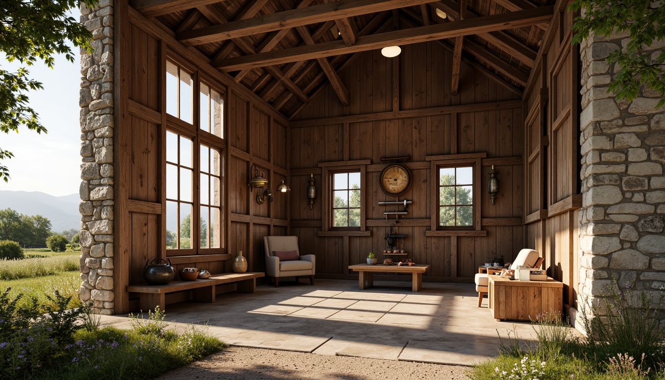 Prompt: Rustic barn, wooden beams, vintage farm tools, natural stone walls, earthy tones, soft warm lighting, large windows, wooden shutters, ornate metal hinges, distressed wood textures, rural landscape, rolling hills, green pastures, wildflowers, sunny day, shallow depth of field, 3/4 composition, panoramic view, realistic textures, ambient occlusion.