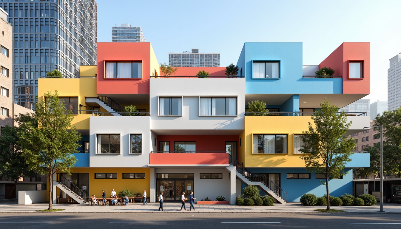 Prompt: Geometric middle school facade, bold primary colors, rectangular windows, flat roofs, industrial materials, exposed ductwork, minimalist ornamentation, functional simplicity, clean lines, rectangular columns, cantilevered staircases, asymmetrical compositions, natural light-filled classrooms, collaborative learning spaces, flexible modular furniture, educational signage, urban cityscape background, morning sunlight, soft shadows, 1/1 composition, realistic textures, ambient occlusion.