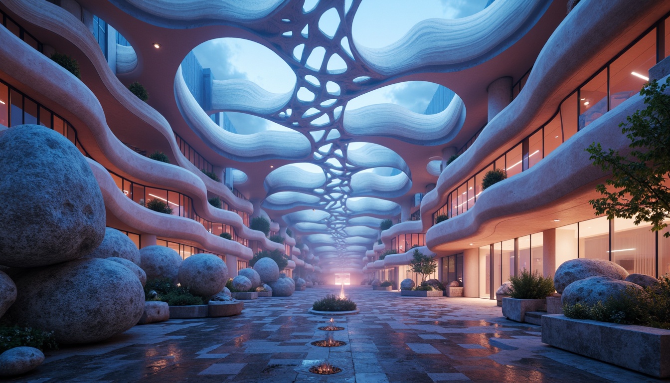 Prompt: Organic blob-like structures, futuristic architecture, iridescent colors, glowing accents, undulating curves, amoeba-inspired shapes, translucent materials, ethereal ambiance, soft pulsing lights, misty atmosphere, eerie soundscapes, 3D-printed components, parametric design, algorithmic patterns, fractal geometries, biomimetic forms, sustainable energy harvesting, self-healing materials, adaptive structures, responsive environments, immersive experiences, panoramic views, cinematic lighting, shallow depth of field.