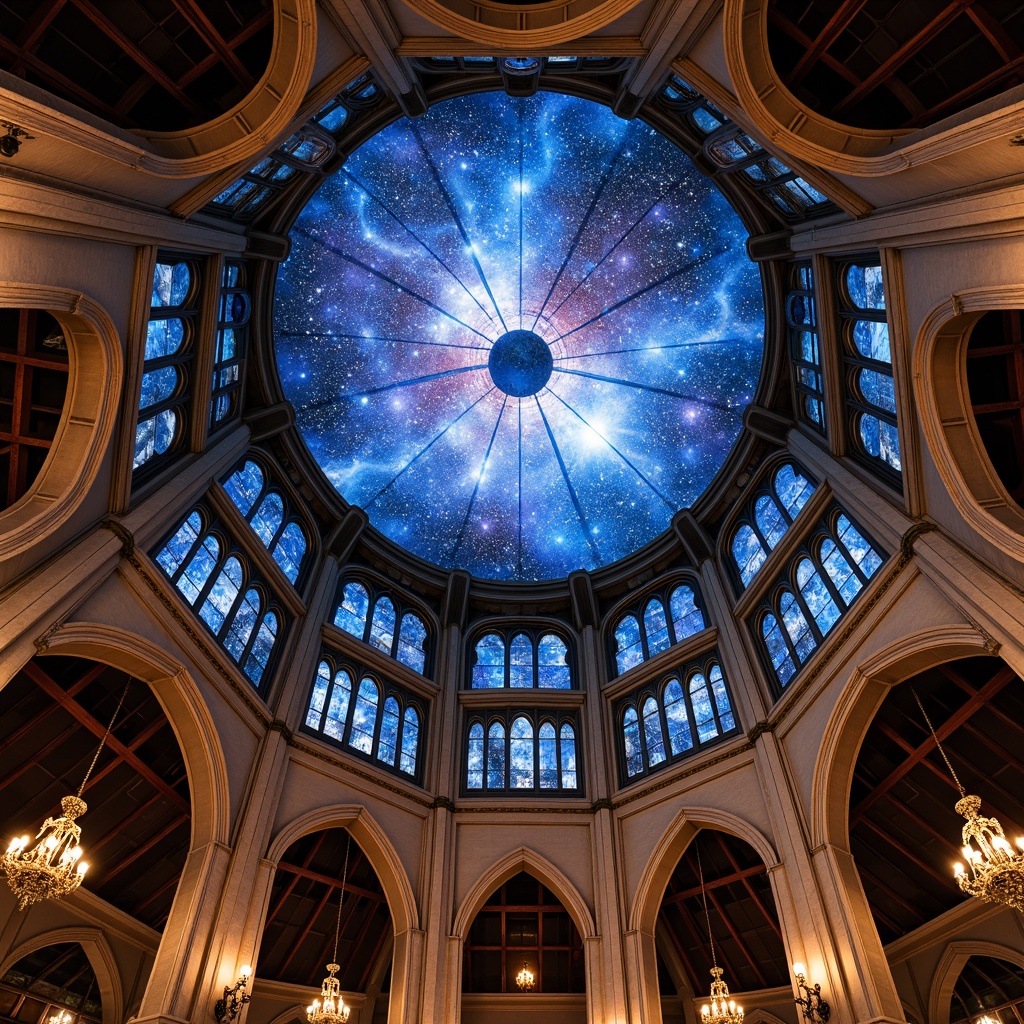 Prompt: Celestial planetarium dome, intricate gothic arches, ornate stone carvings, stained glass windows, vibrant astronomical patterns, starry night sky, majestic vaulted ceilings, grandiose chandeliers, luxurious velvet drapes, mystical ambiance, soft ethereal lighting, dramatic shadows, 1/1 composition, symmetrical framing, realistic textures, ambient occlusion, innovative roofing systems, solar panels integration, green roofs, eco-friendly materials, futuristic architectural details.