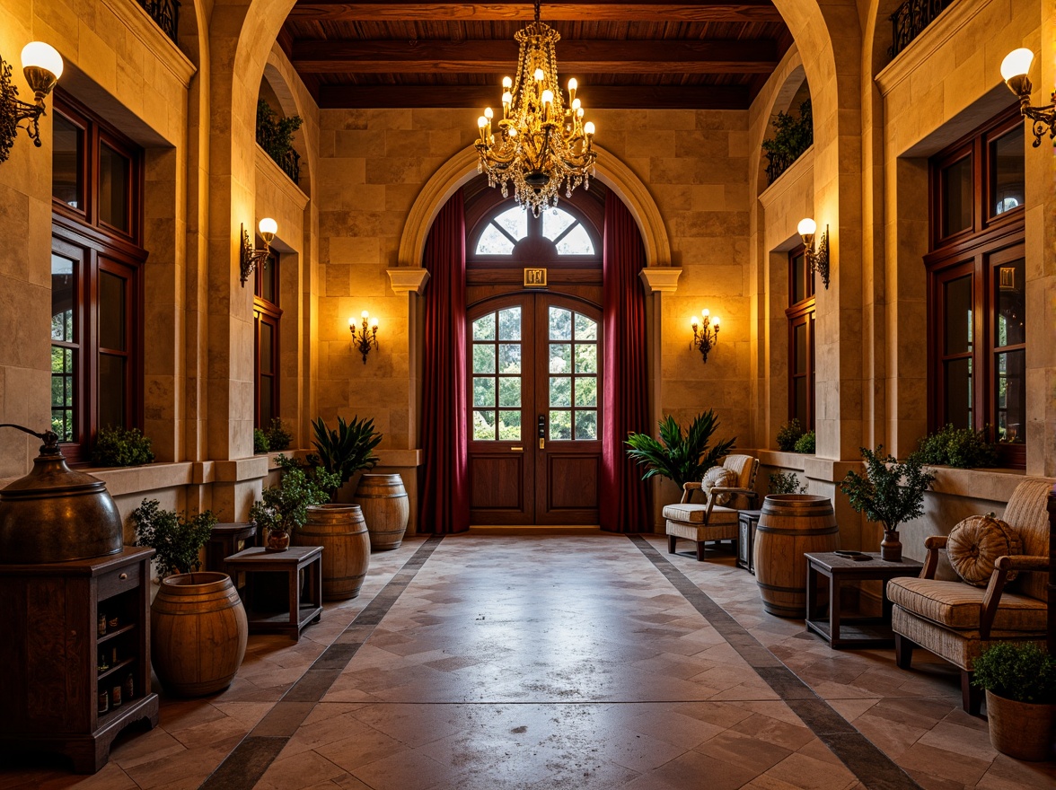 Prompt: Richly ornate winery, Baroque-inspired architecture, warm golden stone fa\u00e7ade, intricately carved wooden doors, lavish furnishings, opulent chandeliers, rustic wine barrels, vintage wine-making equipment, earthy terracotta floors, distressed wood accents, soft warm lighting, dramatic shadows, 1/2 composition, atmospheric perspective, realistic textures, ambient occlusion, warm beige (#F5F5DC), rich burgundy (#8B0A1A), deep crimson (#660000), muted gold (#F8E231), weathered wood tone (#969696).