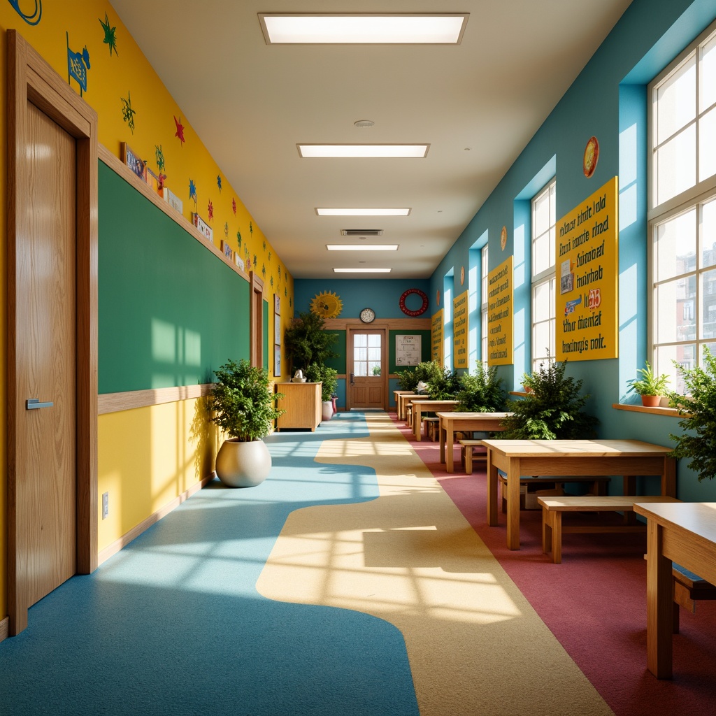 Prompt: Vibrant elementary school, playful kindergarten, bright corridors, educational murals, colorful lockers, wooden desks, green chalkboards, inspirational quotes, motivational posters, soft carpeted floors, natural wood accents, earthy tone walls, calming blue ceilings, warm yellow lighting, shallow depth of field, 1/1 composition, realistic textures, ambient occlusion.