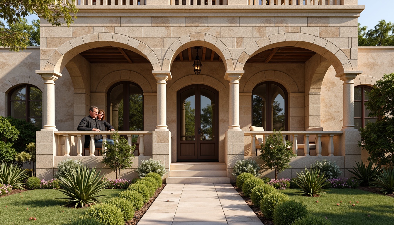 Prompt: Rustic exterior facade, weathered stone walls, earthy tone masonry, textured brick patterns, natural stone cladding, rough-hewn granite blocks, warm beige stucco, decorative arches, ornate columns, Mediterranean-inspired architecture, lush greenery, blooming flowers, sunny day, soft warm lighting, shallow depth of field, 3/4 composition, panoramic view, realistic textures, ambient occlusion.