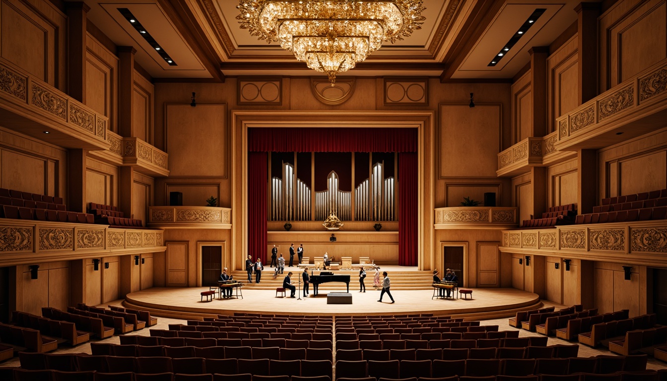 Prompt: Intimate concert hall, rich wood tones, ornate balconies, velvet curtains, grand pianos, polished brass instruments, warm stage lighting, soft shadows, elegant chandeliers, refined acoustic panels, sound-absorbing materials, precise speaker placement, optimal seating arrangements, classic architectural details, sophisticated interior design, warm beige colors, subtle texture variations, shallow depth of field, 2/3 composition, realistic reflections, ambient occlusion.