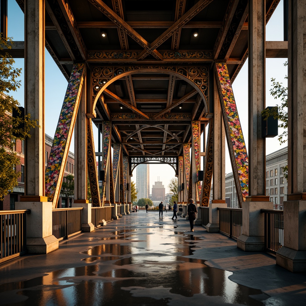 Prompt: Eclectic bridge, ornate metal railings, intricate stone carvings, vibrant colorful accents, asymmetrical arches, irregular shapes, mixed materials, industrial steel beams, rustic wooden planks, decorative trusses, grand entrance gates, majestic piers, flowing water reflections, misty atmospheric effects, warm golden lighting, shallow depth of field, 1/2 composition, dramatic low-angle shot, realistic textures, ambient occlusion.