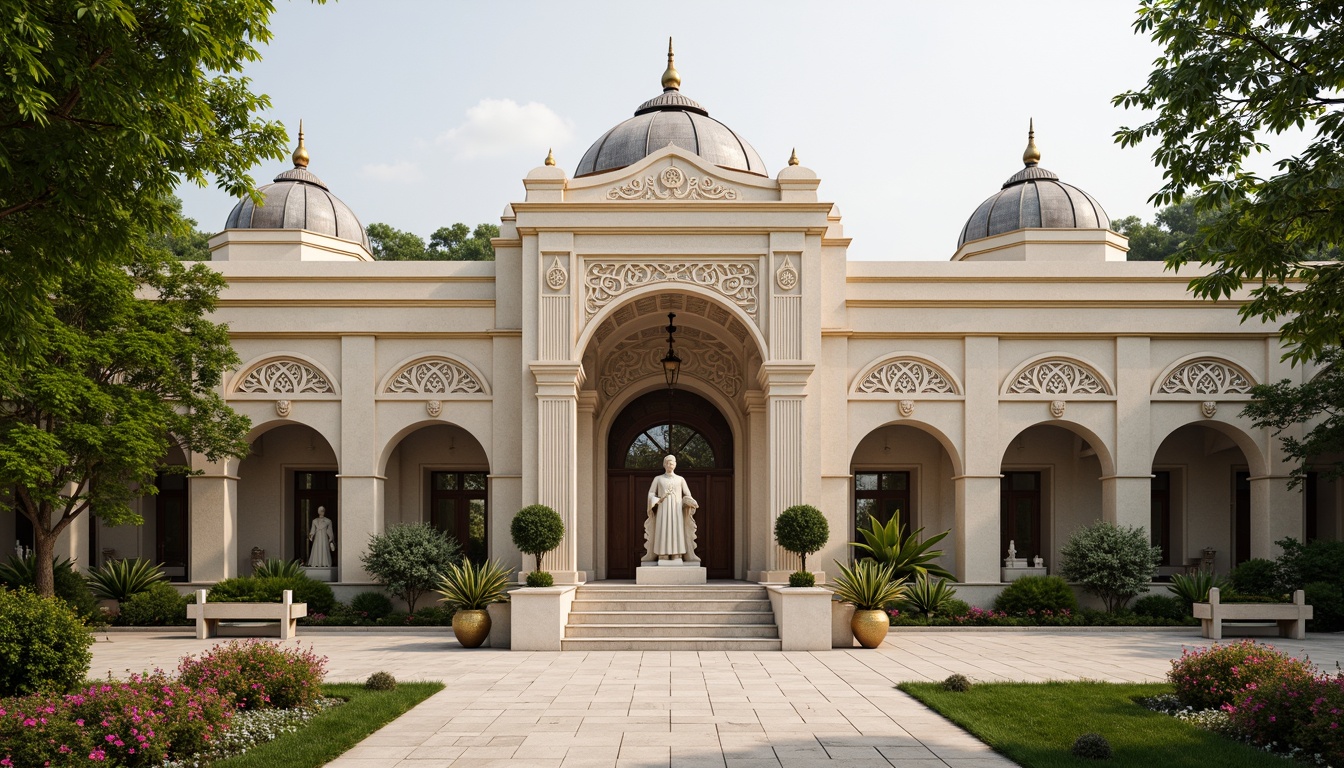 Prompt: Grand monastery entrance, symmetrical facade, neoclassical columns, ornate carvings, golden domes, intricate stone patterns, serene courtyard, lush greenery, vibrant flowers, peaceful ambiance, soft natural lighting, shallow depth of field, 1/1 composition, central axis symmetry, harmonious proportions, elegant archways, refined stucco walls, subtle color palette, warm beige tones, ornate metalwork, devotional statues, mystical atmosphere, morning mist, gentle sunlight.