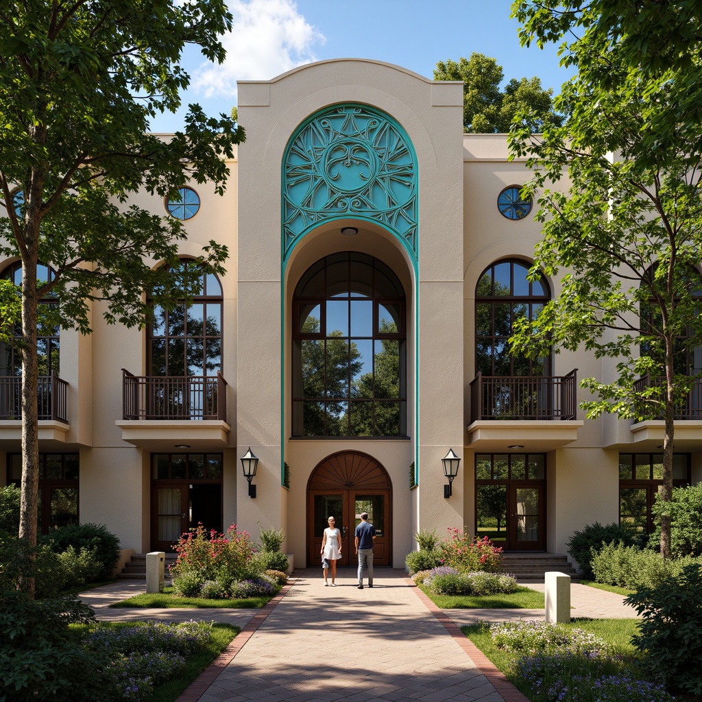 Prompt: Intricate school facade, ornate metalwork, flowing organic lines, vibrant turquoise accents, stained glass windows, grand entrance archways, decorative ceramic tiles, lush greenery, blooming flowers, natural stone walls, curved staircases, elegant wooden doors, intricate plaster ceilings, warm soft lighting, shallow depth of field, 1/1 composition, realistic textures, ambient occlusion.