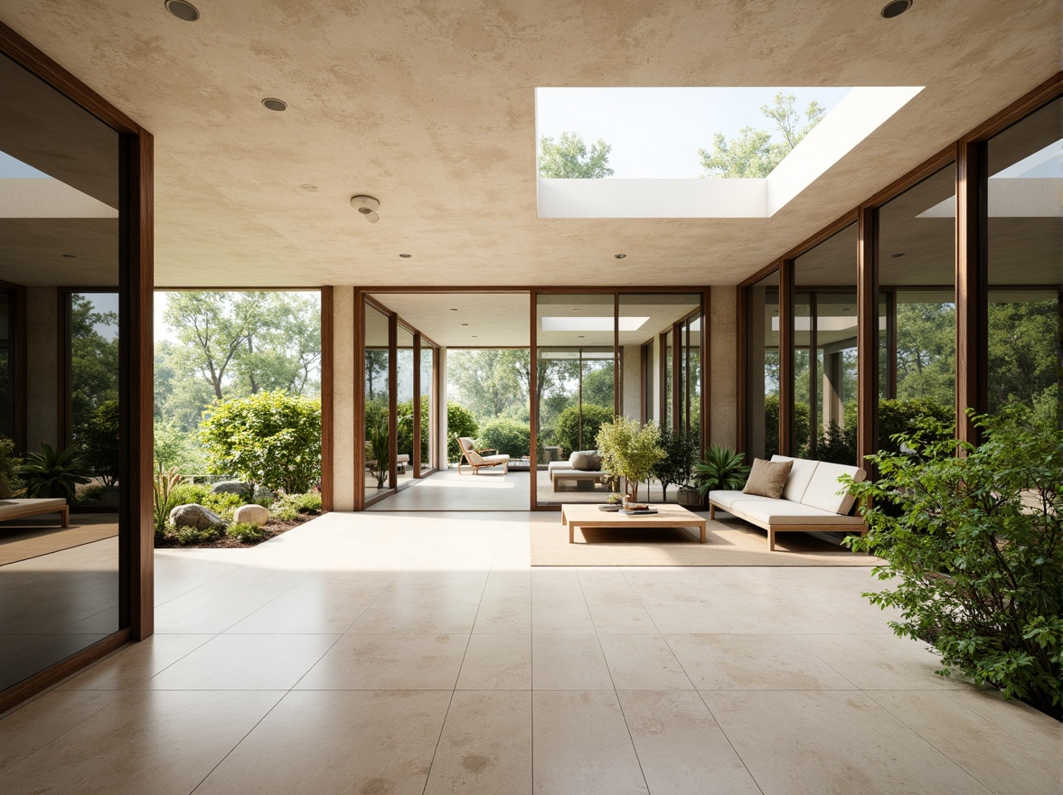 Prompt: Spacious open-plan interior, floor-to-ceiling windows, sliding glass doors, clerestory windows, skylights, reflective surfaces, minimal obstructions, airy atmosphere, natural ventilation, passive solar design, thermal mass materials, radiant flooring, green roofs, living walls, lush indoor plants, warm beige tones, soft diffused lighting, 1/1 composition, shallow depth of field, realistic textures, ambient occlusion.