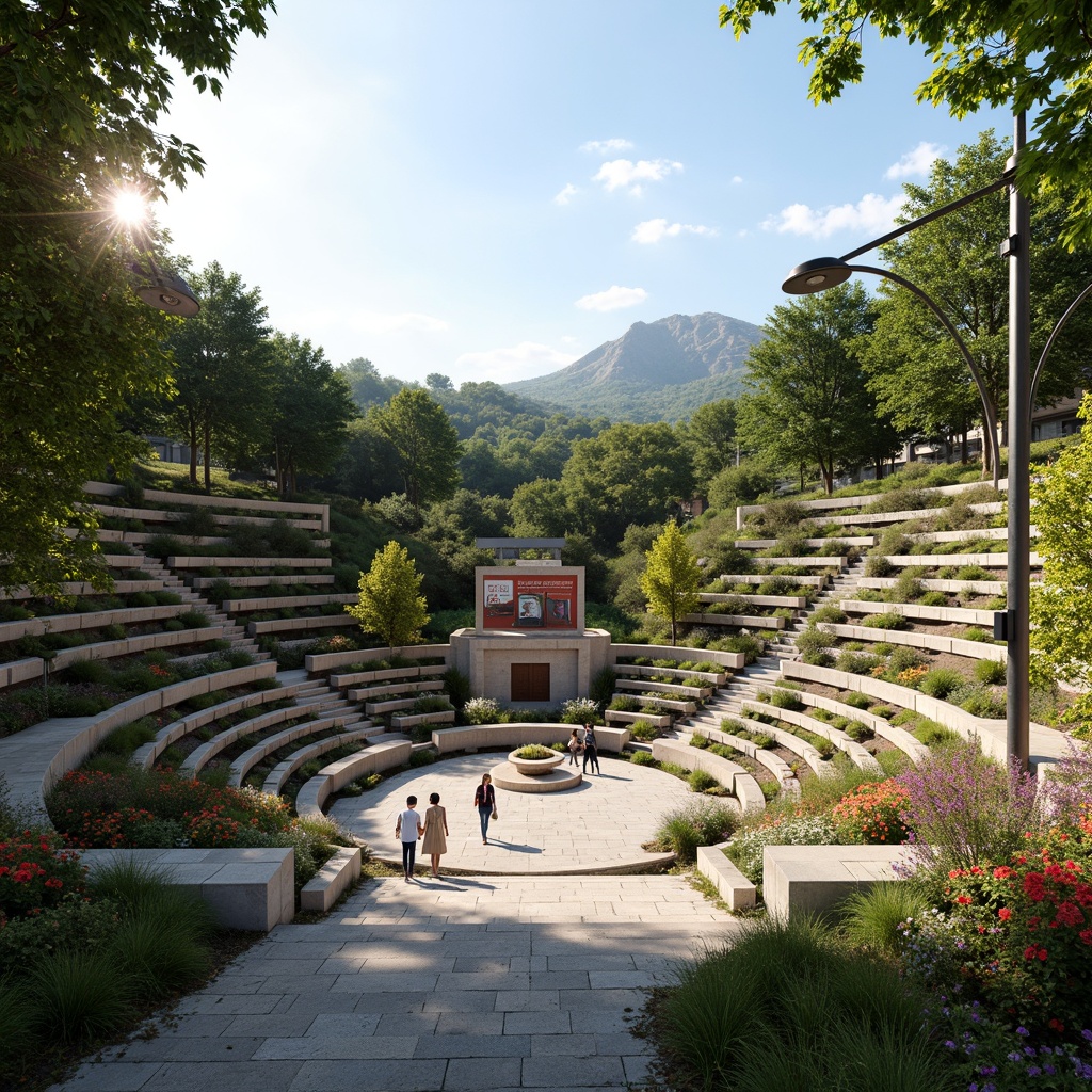 Prompt: Natural stone amphitheater, tiered seating, lush green surroundings, vibrant flowers, warm sunny day, soft gentle breeze, acoustic sound systems, suspended speakers, curved lines, modern architecture, sleek metal railings, wooden benches, educational signs, ambient lighting, shallow depth of field, 3/4 composition, panoramic view, realistic textures, subtle shadows.