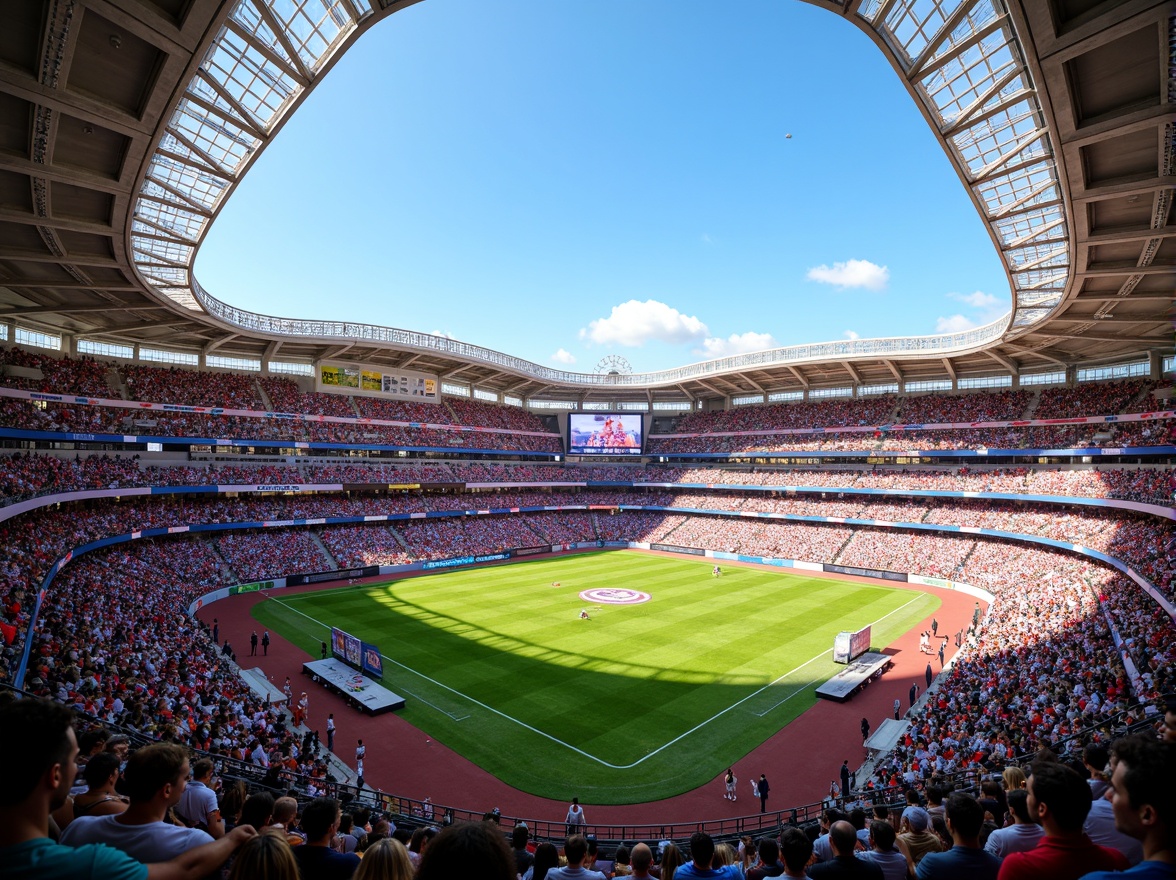 Prompt: Vibrant sports stadium, energetic crowd, bold team colors, dynamic LED lighting, sleek modern architecture, angular lines, metallic materials, concrete structures, lush green grass, athletic tracks, scoreboards, giant video screens, sunny day, warm atmosphere, shallow depth of field, 3/4 composition, panoramic view, realistic textures, ambient occlusion.