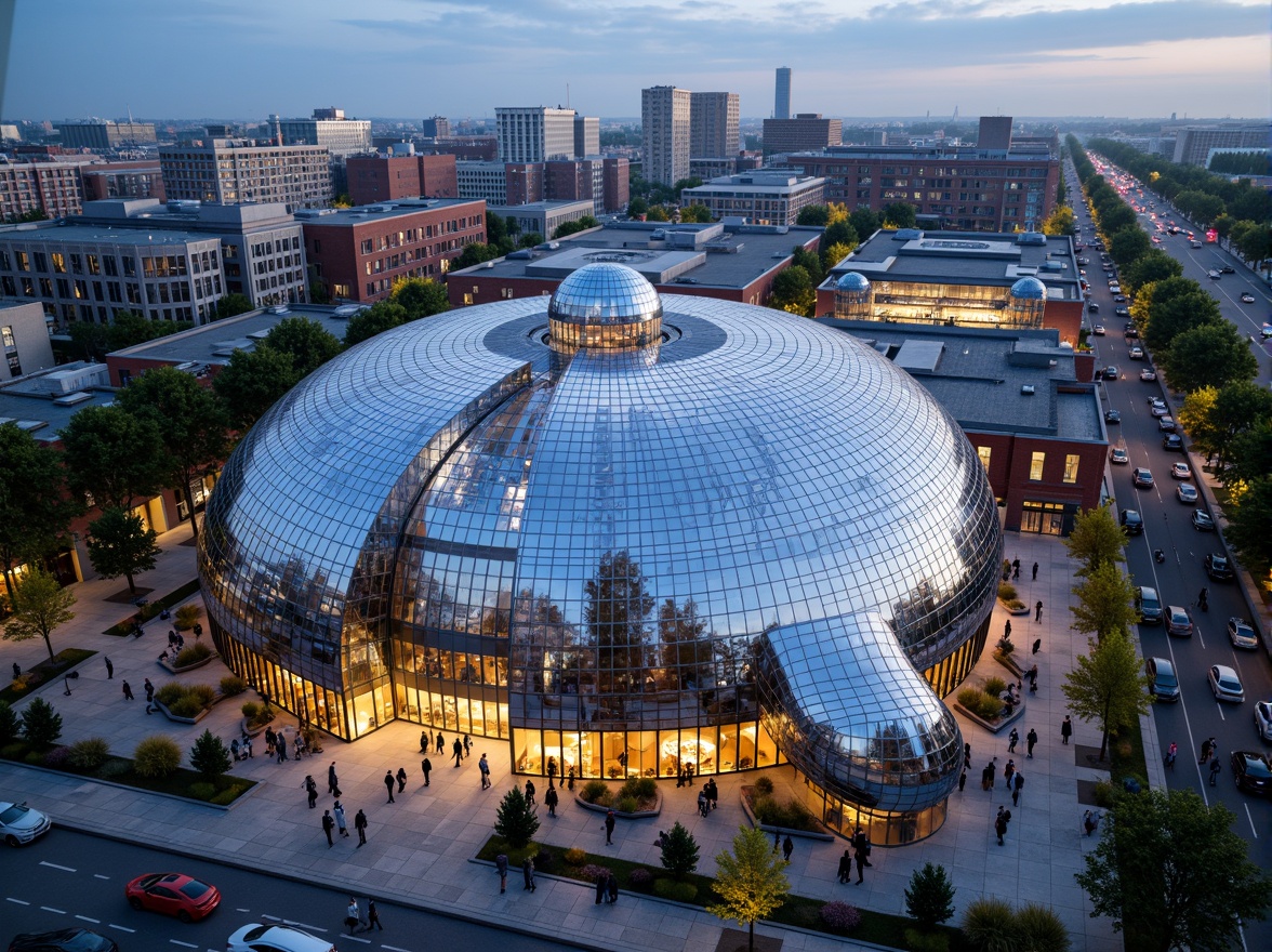 Prompt: Cosmic planetarium dome, futuristic architecture, urban social housing complex, sleek metal fa\u00e7ade, LED lighting installations, vibrant cityscape, bustling streets, diverse community, inclusive public spaces, green roofs, solar panels, wind turbines, eco-friendly materials, innovative cooling systems, shaded outdoor areas, misting systems, geometric patterns, colorful textiles, 3/4 composition, panoramic view, realistic textures, ambient occlusion.